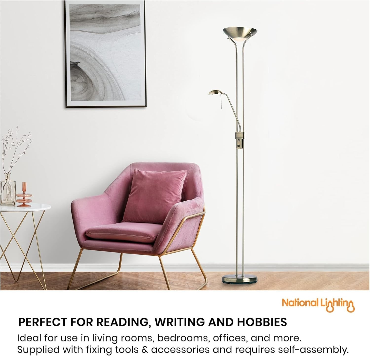 Tall Dimmable Floor Lamp with Reading Light Brass Finish 180cm Dual Head