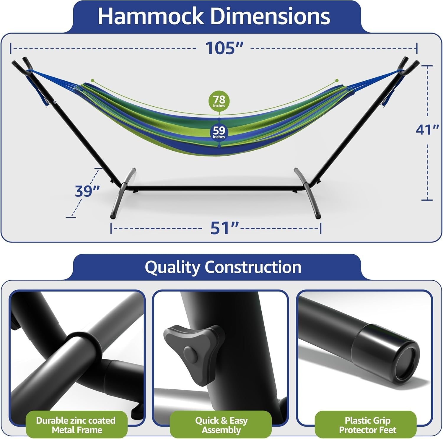 Blue Sorbus Double Hammock with Steel Stand | 2 Person 450lb Capacity | Portable