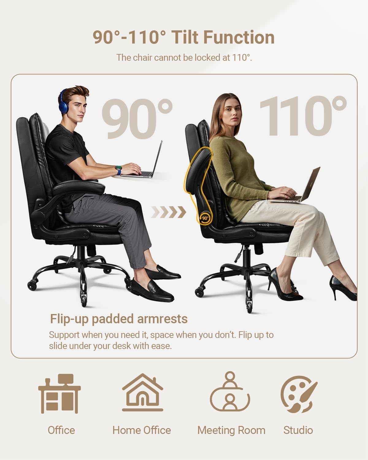 Ergonomic Office Chair Adjustable Lumbar Support Flip-Up Armrests Swivel Black