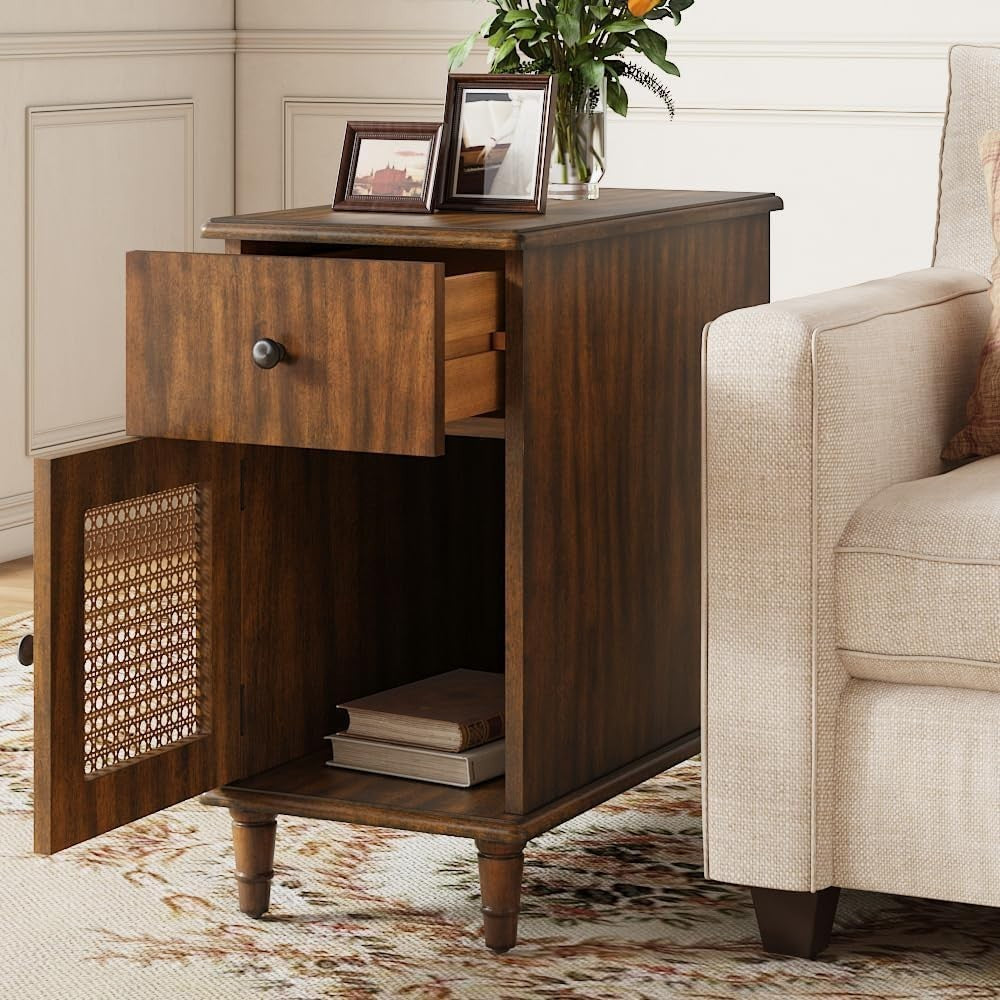 Solid Wood Walnut End Table with Drawer & Cabinet – Vintage Slim Bedside Table