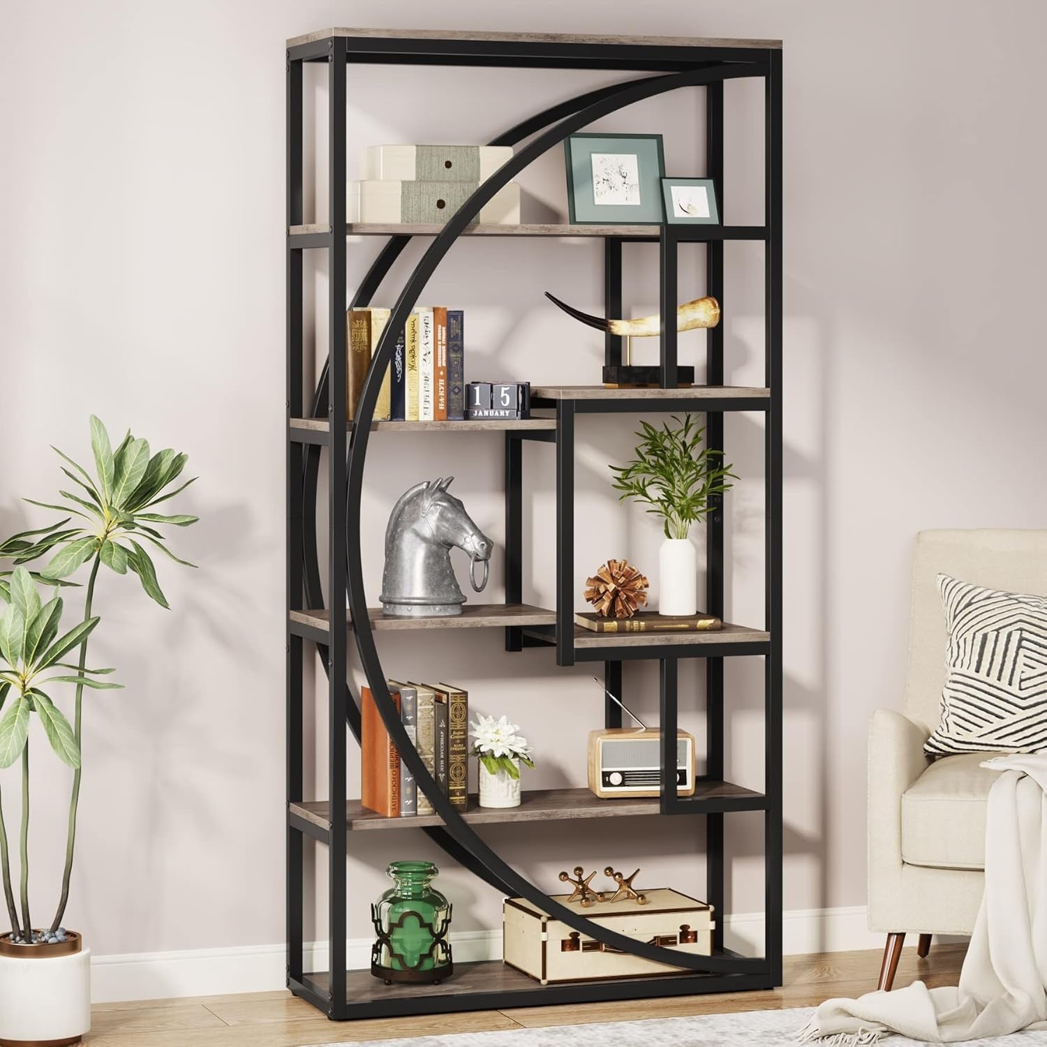 Industrial 5-Tier Geometric Bookshelf Tall Display Unit with 8 Open Shelves
