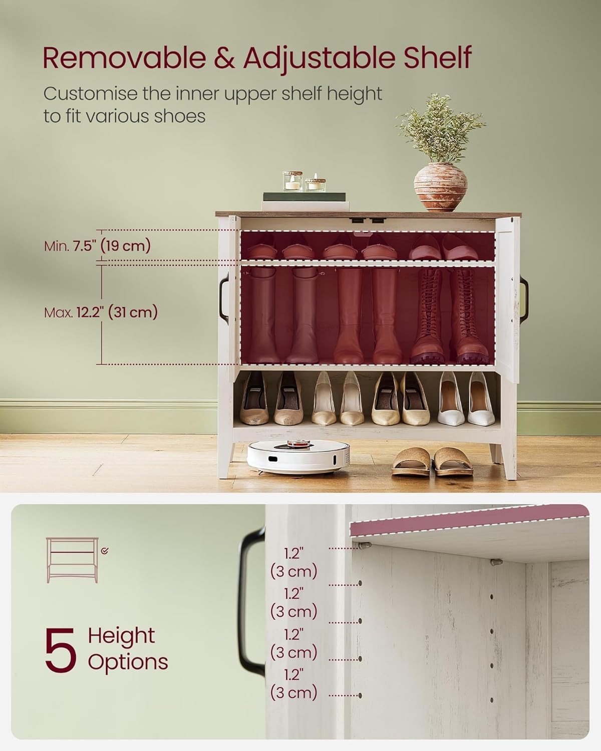 Rustic White 3-Tier Shoe Cabinet with Adjustable Shelf & Sturdy Legs 80x35x70.5c