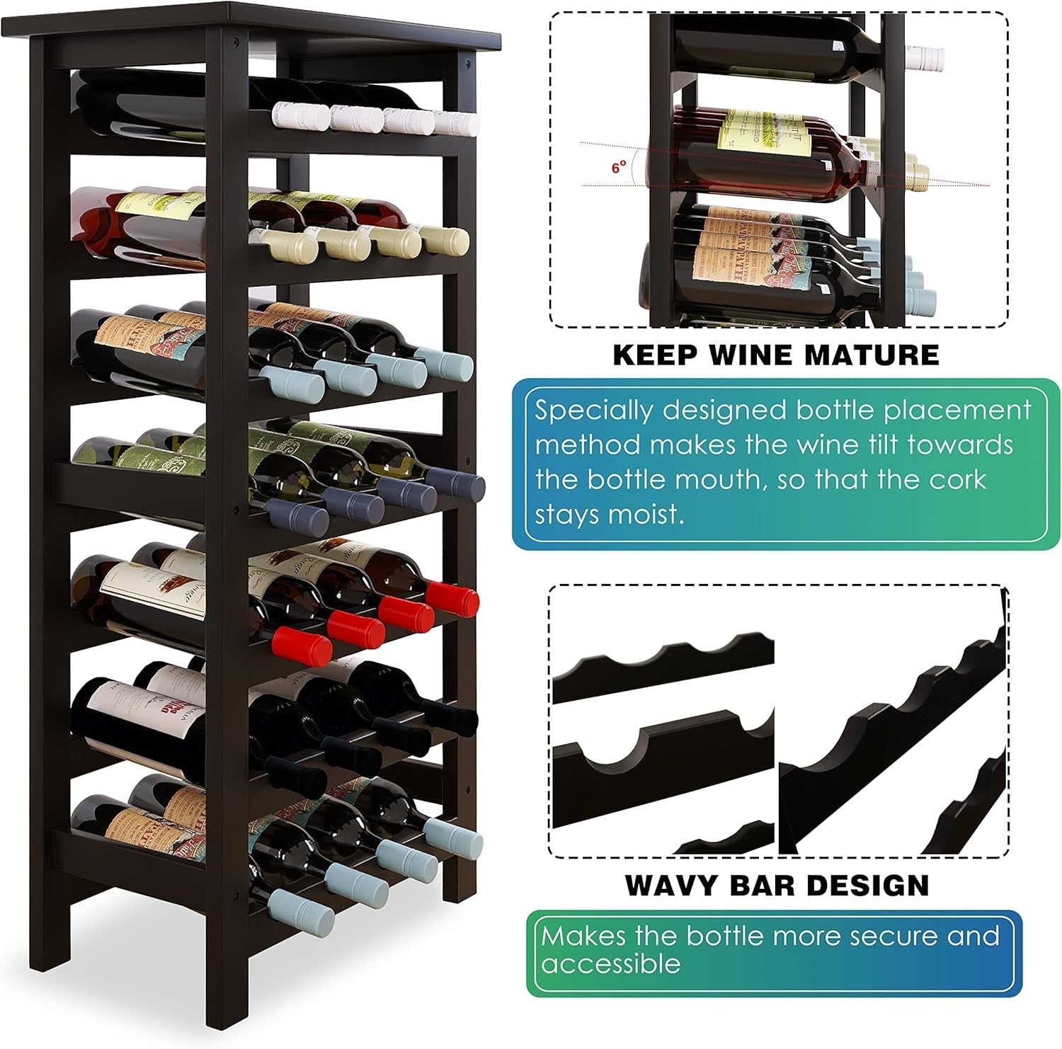 7 Tier Bamboo Wine Rack 28 Bottle Freestanding Storage Shelf Black Home Bar