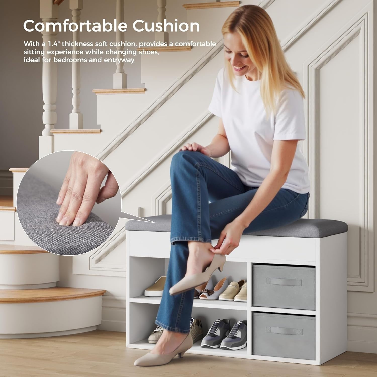 White Shoe Storage Bench with Cushion & Adjustable Shelves, 80x48x30 cm