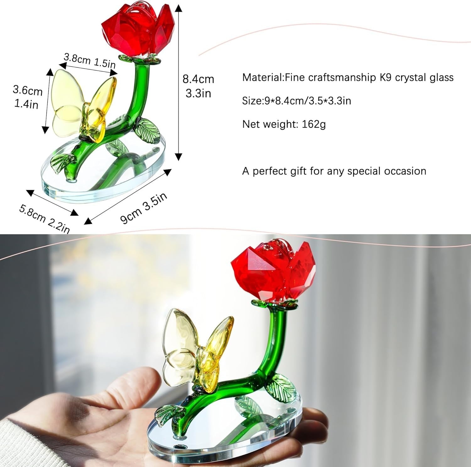 Crystal Red Rose Ornament with Butterfly • Glass Flower Gift • Romantic Decor