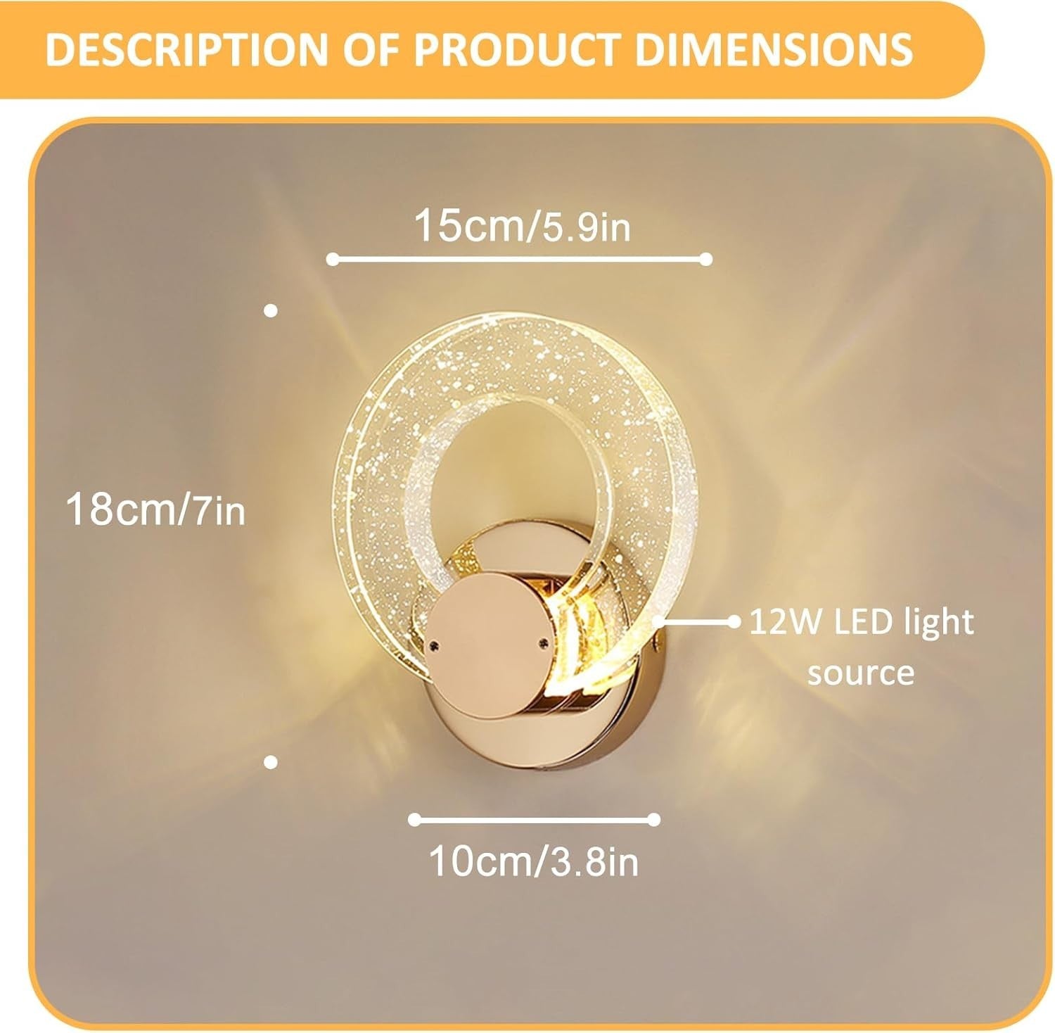 Gold Crystal Wall Lamp LED Sconce 12W Tri-Color Light Modern Round Fixture