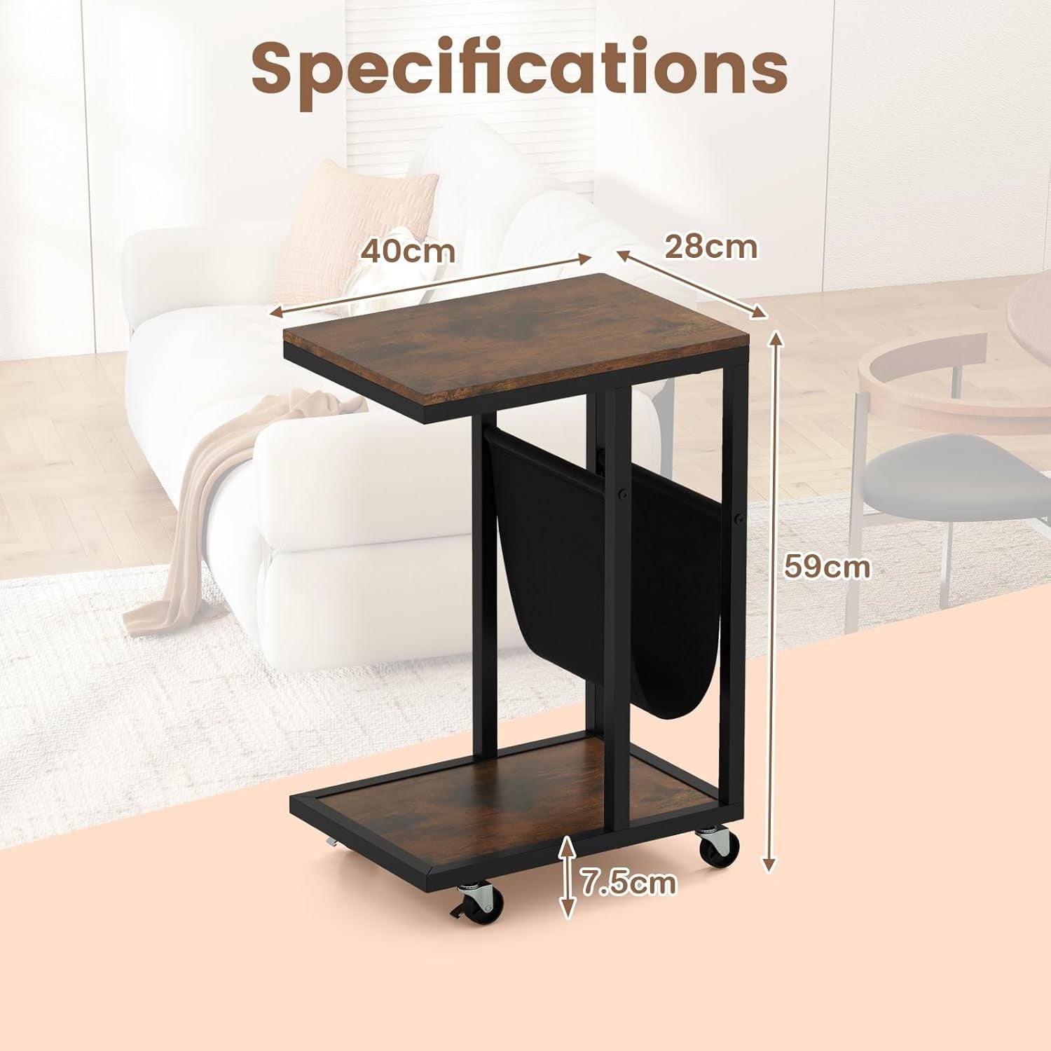 Rolling C-Shaped Side Table Rustic Brown | Sofa Laptop Table w/ Magazine Rack