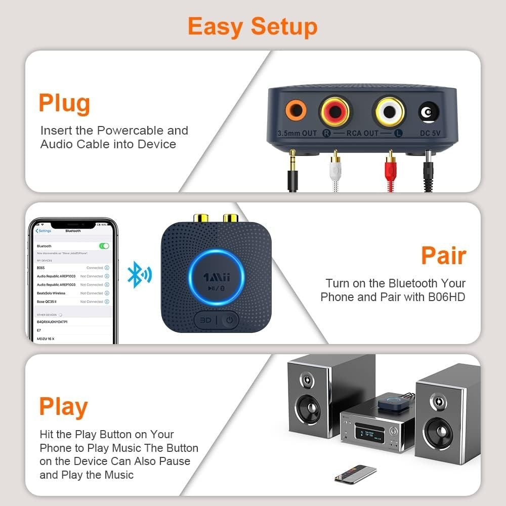 Bluetooth 5.1 Audio Receiver aptX HD 3D Surround RCA AUX Adapter 15Hr