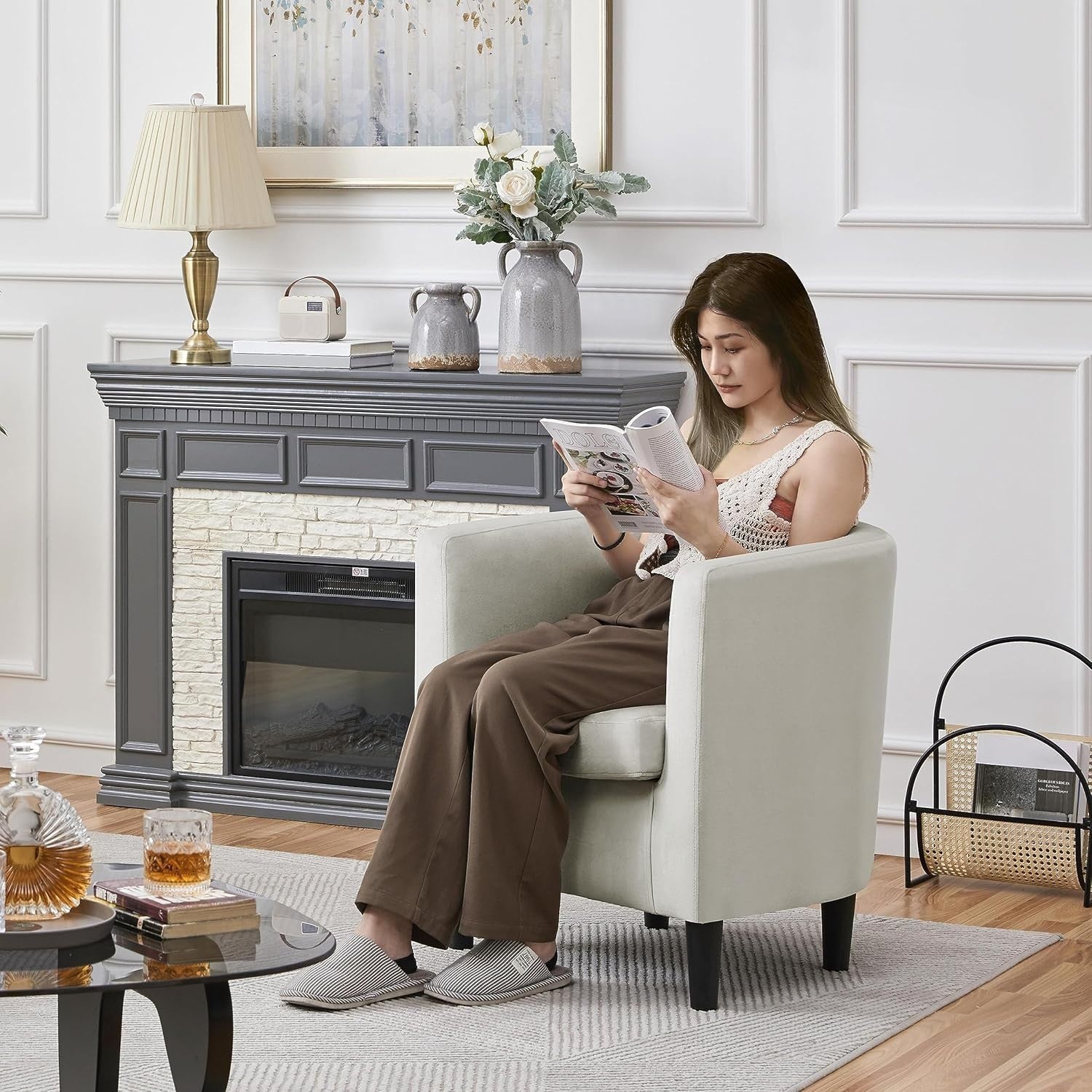 Modern Velvet Tub Armchair Beige Upholstered Sofa Chair Lounge Seat