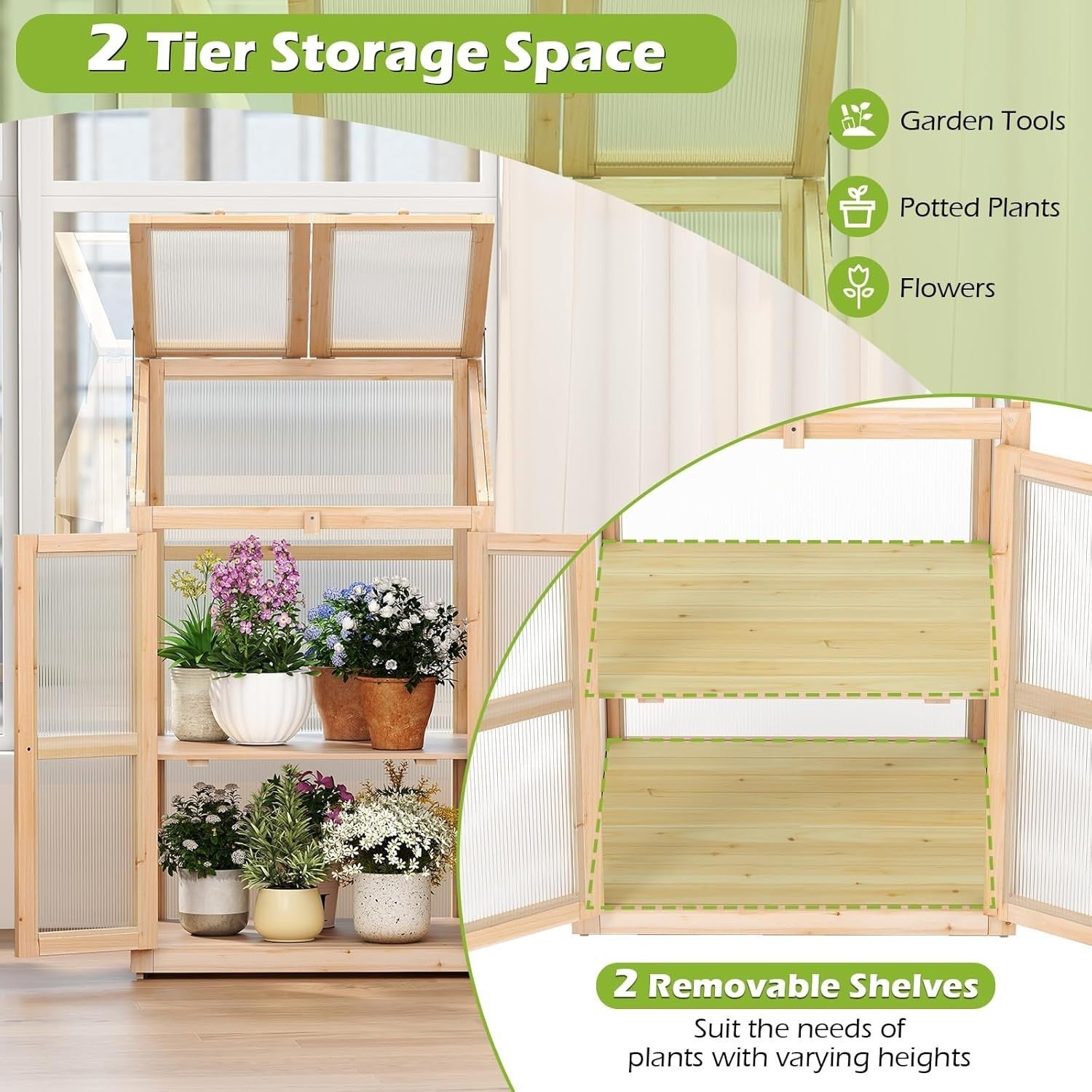 Wooden Cold Frame Greenhouse 69x58x121cm with Shelves & Lockable Doors