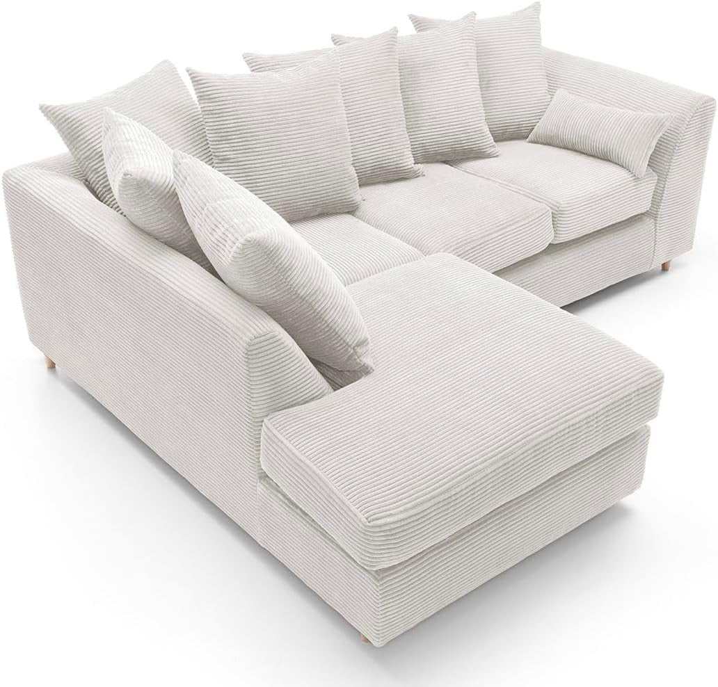 White Jumbo Cord Corner Sofa | L Shape Chaise Lounge | Deep Cushions | 4 Seater