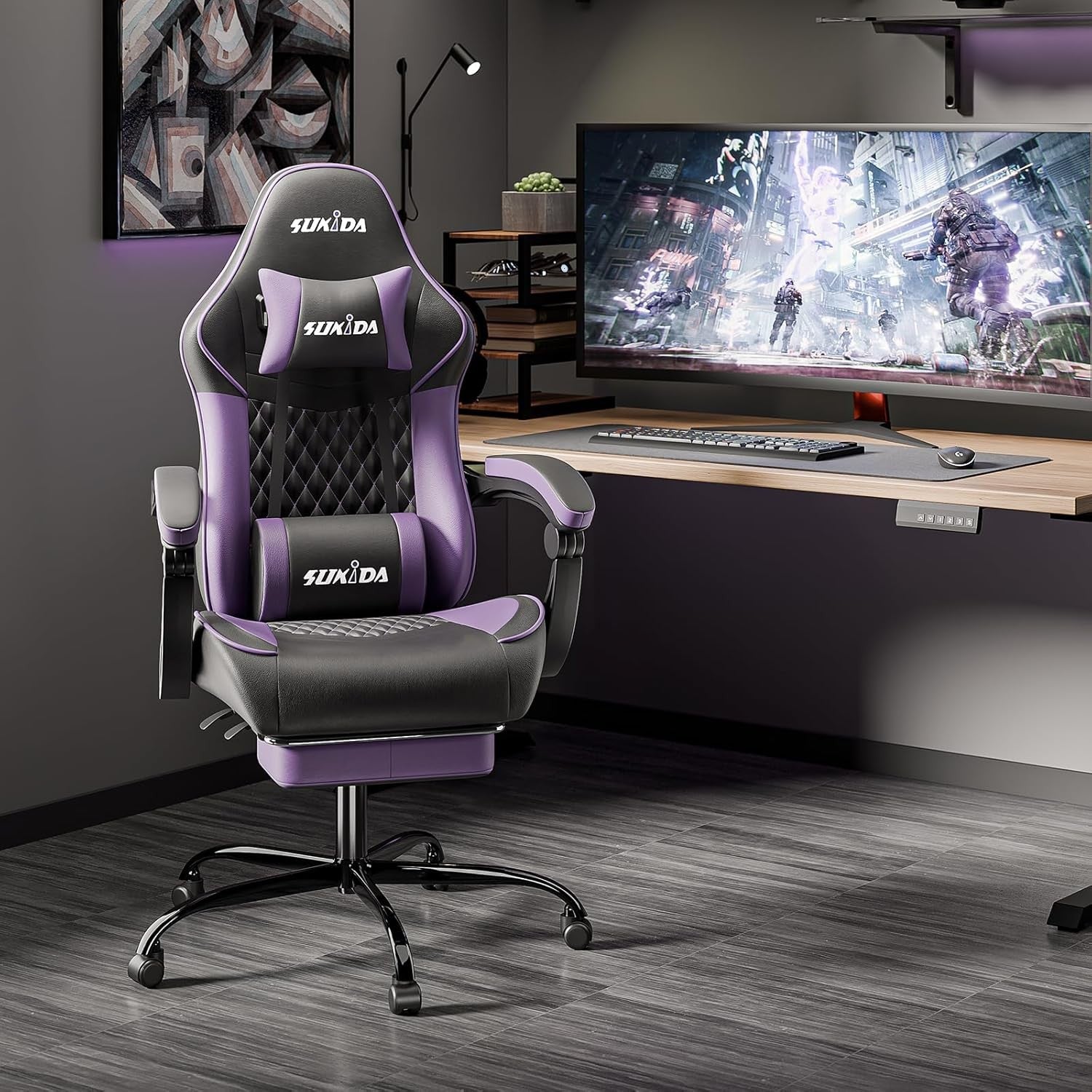 Ergonomic Gaming Chair with Footrest & Massage Support – Black Purple PC Seat