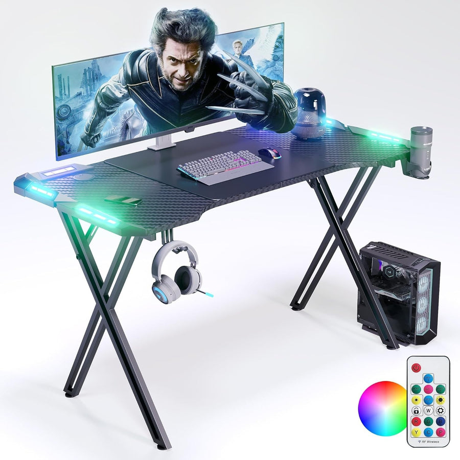 140cm RGB Gaming Desk with LED Lights, Cup Holder & Hook Black X-Frame
