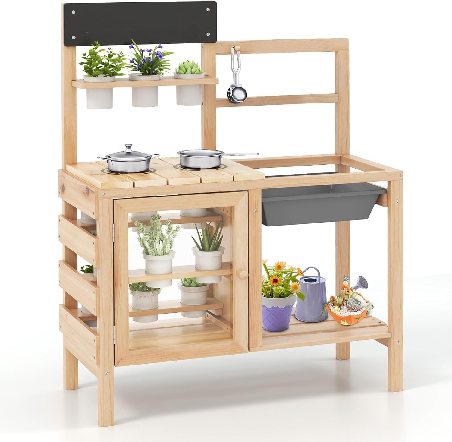 Kids Mud Kitchen Outdoor Wooden Play Kitchen Sink Gardening Toy Set