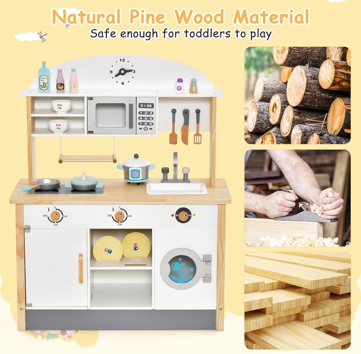 Wooden Kids Play Kitchen Chef Set Microwave Washer Toy Kitchen