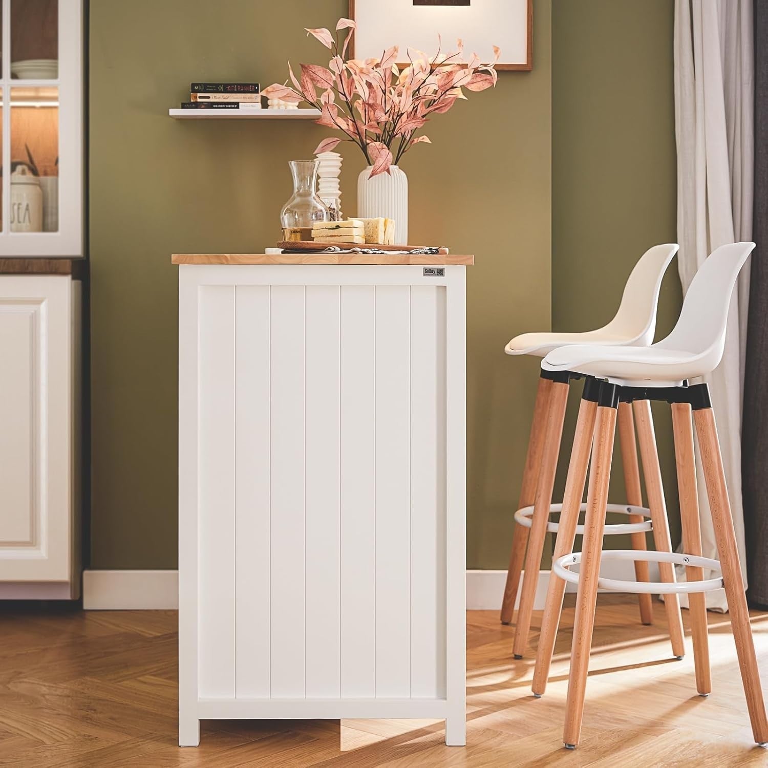 White Kitchen Island with Storage, Sideboard Cabinet & 2 Rattan Baskets