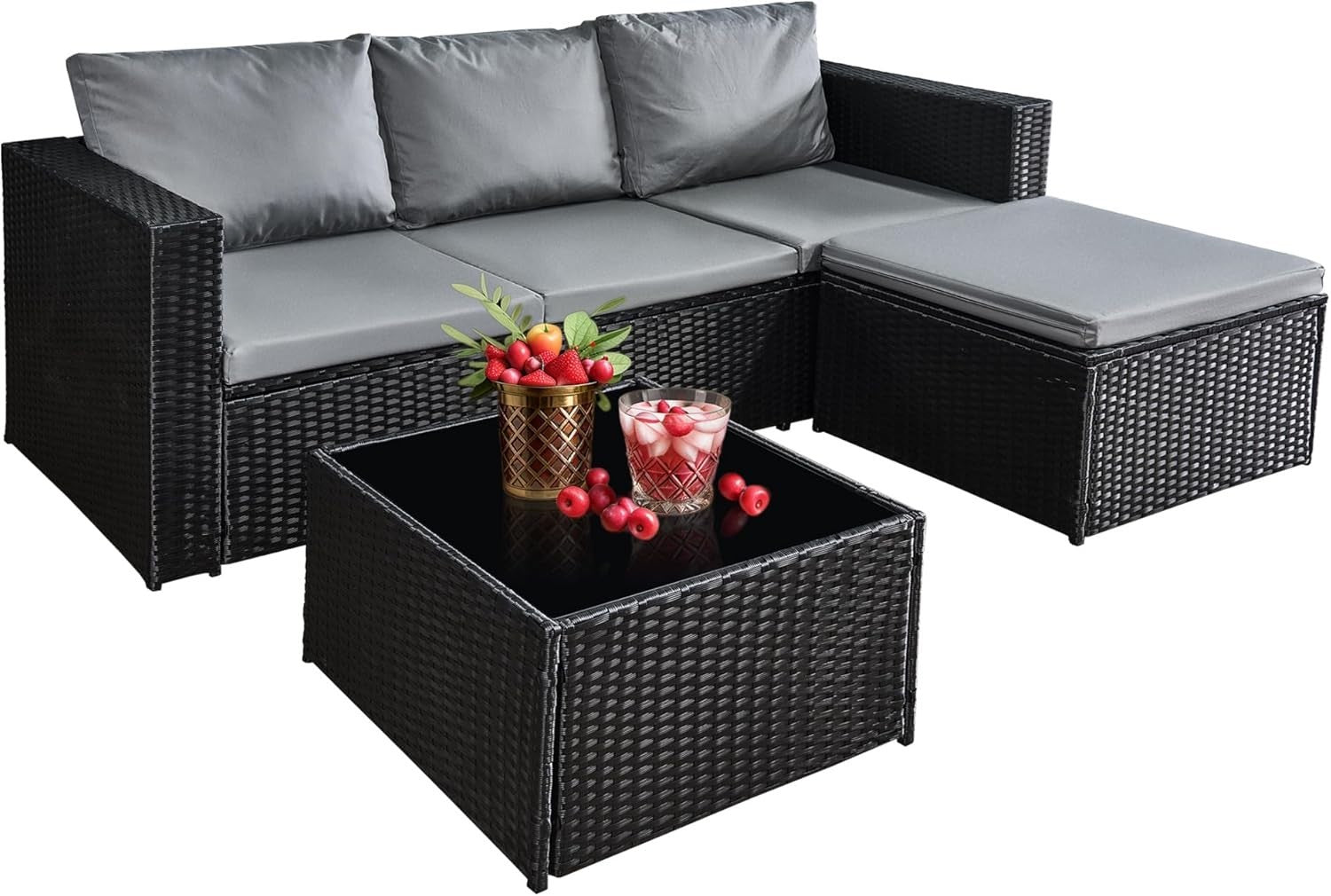 3PC Rattan Garden Sofa Set Outdoor Sectional w/ Glass Table & Cushions