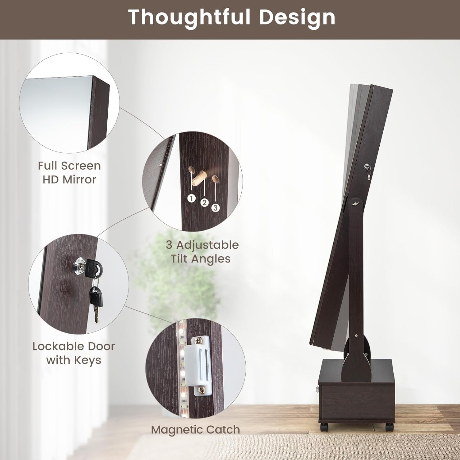 LED Standing Jewelry Armoire Lockable Mirror Cabinet with Wheels Coffee