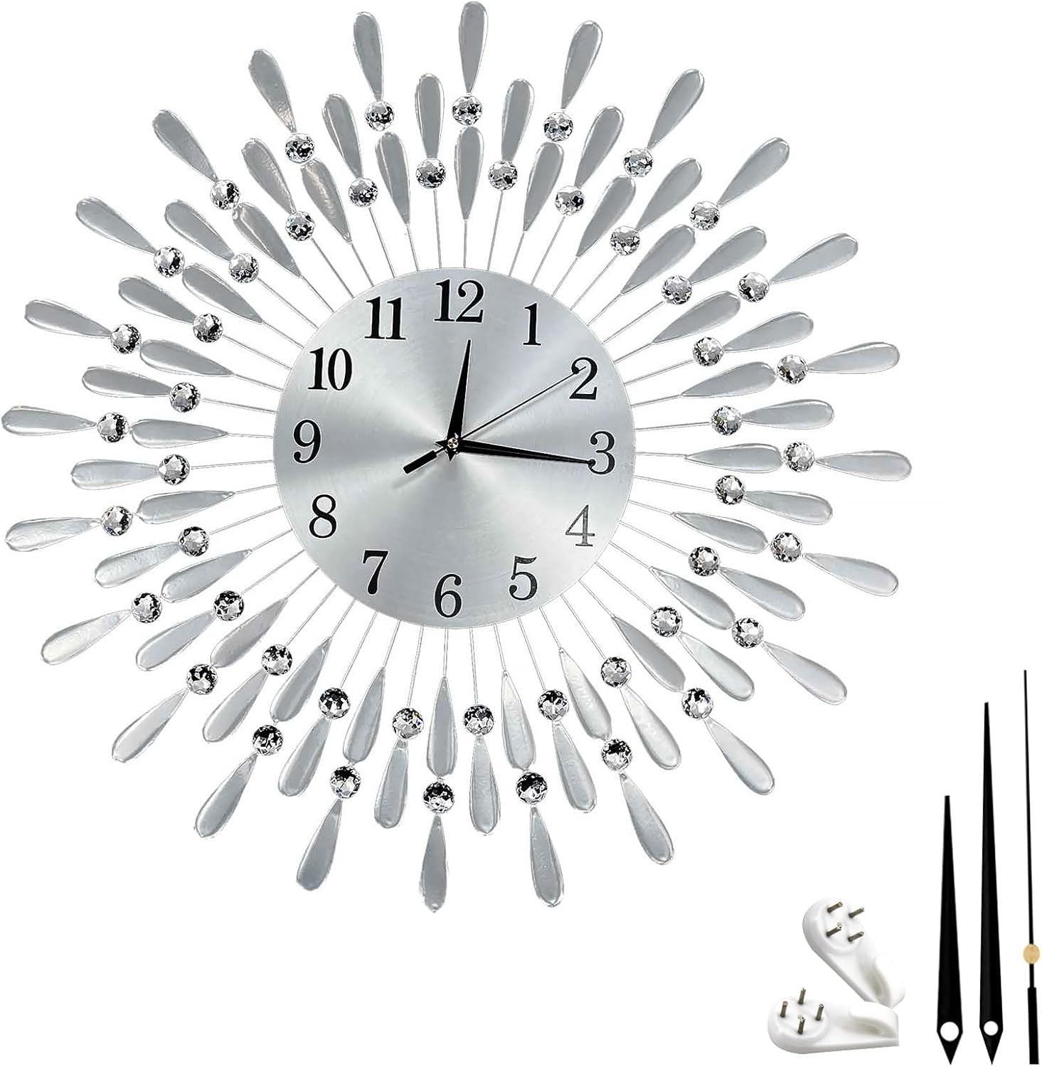 60cm Silver Sunburst Wall Clock – Luxury Diamante Beaded Modern Metal Design