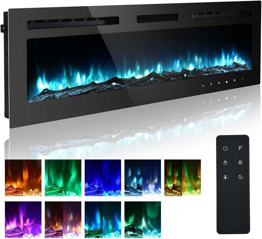 70” Wall Mounted Electric Fireplace LED Flame Heater Remote Timer