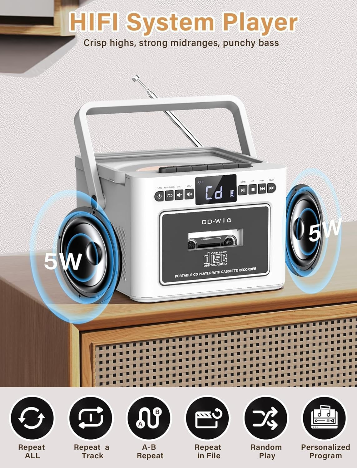 Boombox CD Cassette Player Bluetooth FM Radio USB AUX Rechargeable