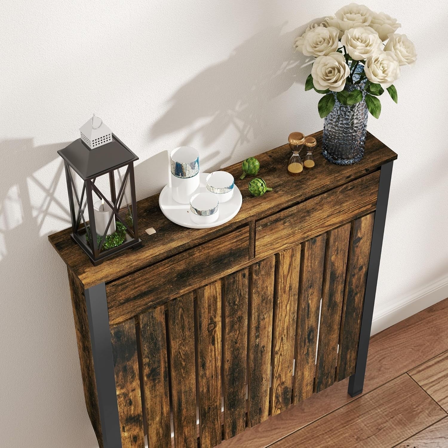 Rustic Brown Radiator Cover with Drawer Industrial Wood Cabinet