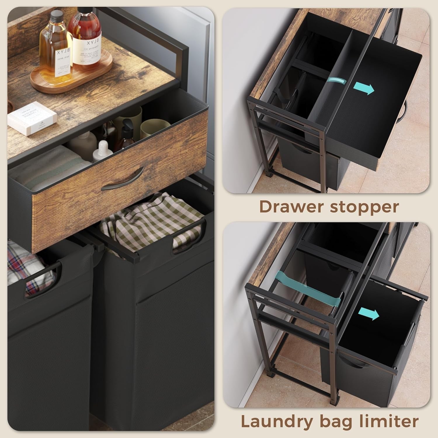 3 Compartment Laundry Sorter on Wheels with Drawers Rustic Brown Black 106cm
