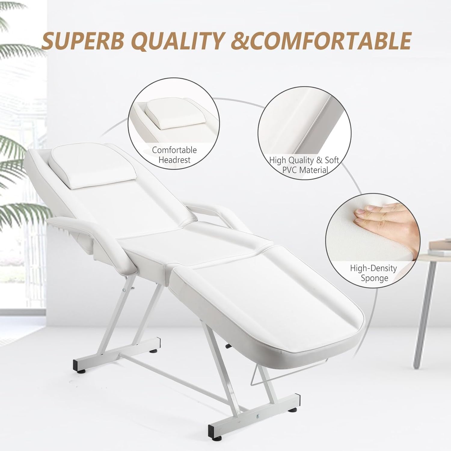 Adjustable 3-Section Massage Table with Stool Spa Facial Tattoo Beauty Bed White