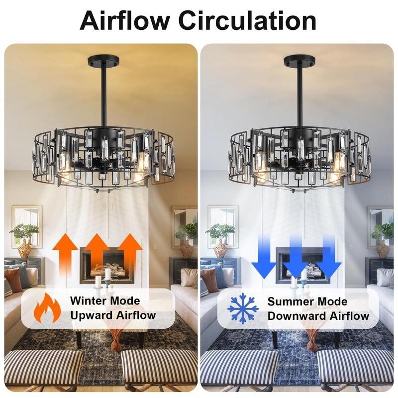 Crystal Ceiling Fan Light Flush Mount Remote App Control 6-Speed E27 Black