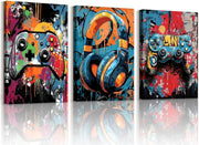 Gaming Canvas Wall Art Set 3 Framed 30x40cm Graffiti Gamepad