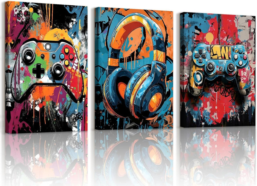Gaming Canvas Wall Art Set 3 Framed 30x40cm Graffiti Gamepad