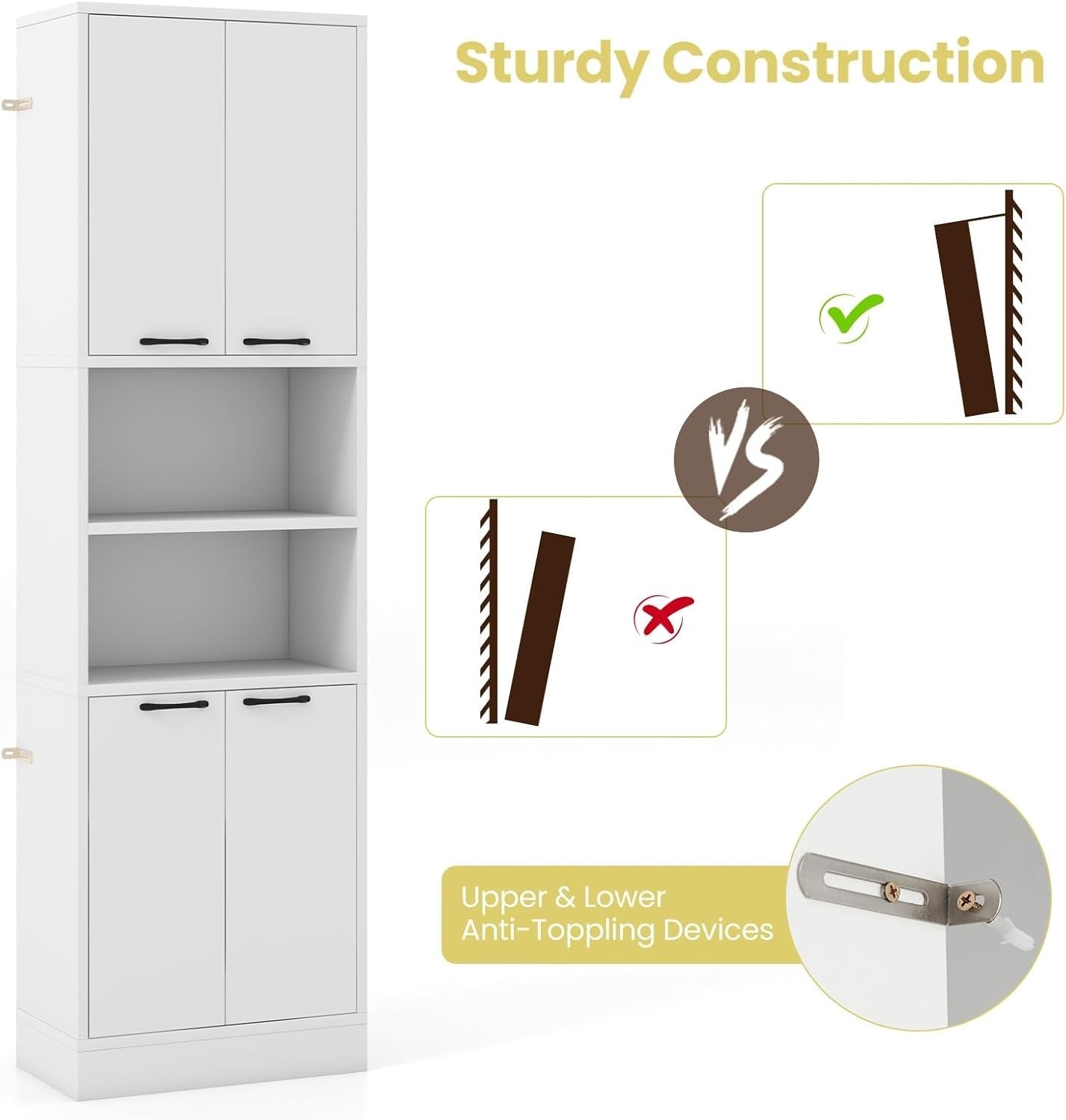 190cm Tall Kitchen Cupboard White 4 Doors Open & Closed Storage Cabinet