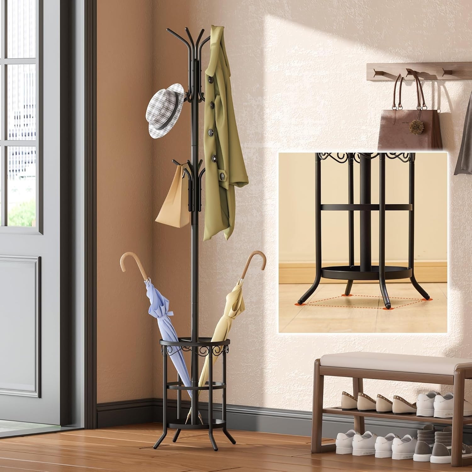 Freestanding Black Metal Coat Rack 12 Hooks with Umbrella Holder Stand