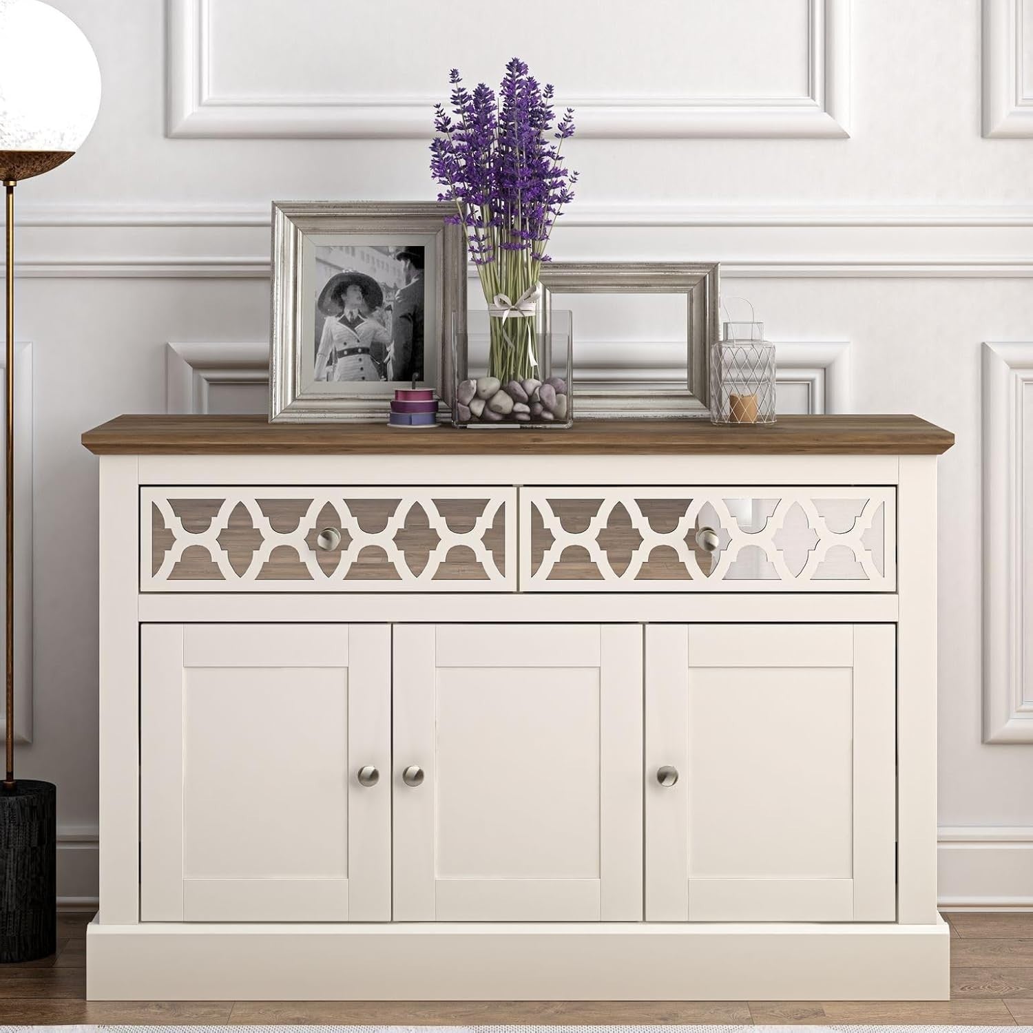 Ivory Oak Sideboard Cabinet 3 Door 2 Drawer Storage Unit for Hallway