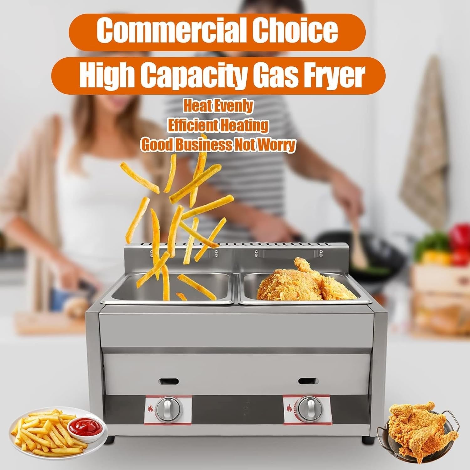 LPG Gas Double Tank Fryer 20L Commercial Stainless Steel Countertop