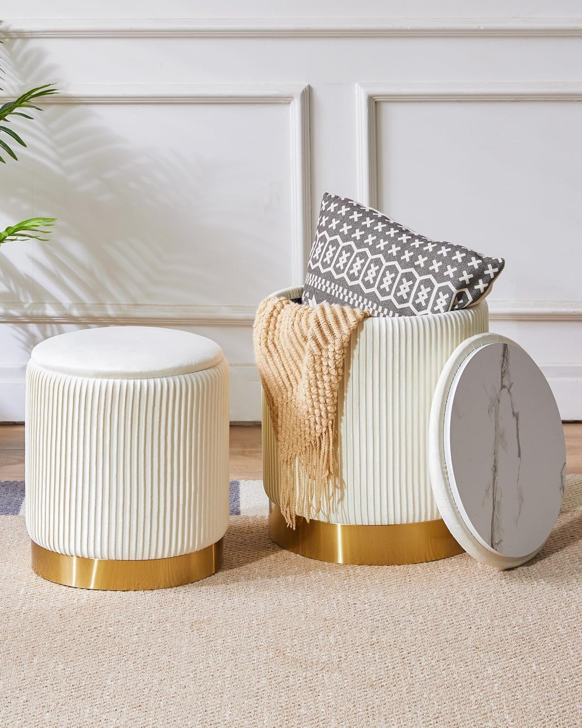 Set of 2 White Round Storage Ottomans – Velvet Pouffe Footstools with Table Tops