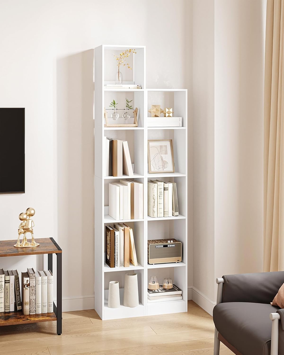 Modern 6-Tier White Wooden Bookshelf, Adjustable Shelves, 24x30x184 cm