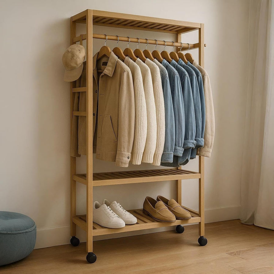 Bamboo Clothes Rack with Wheels & Shelves – Natural