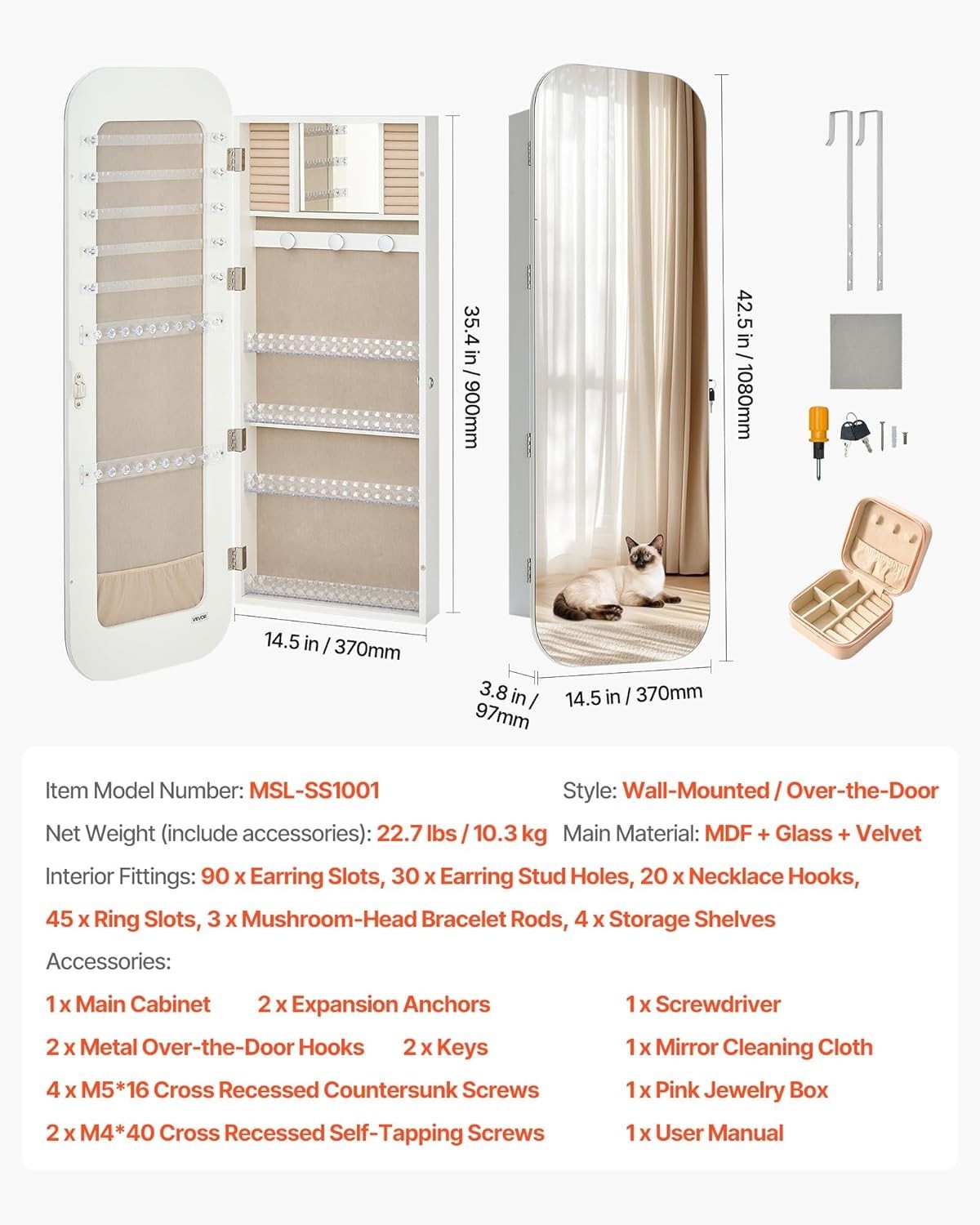 Wall Mount Jewelry Mirror Cabinet Full Length Lockable Storage Organizer