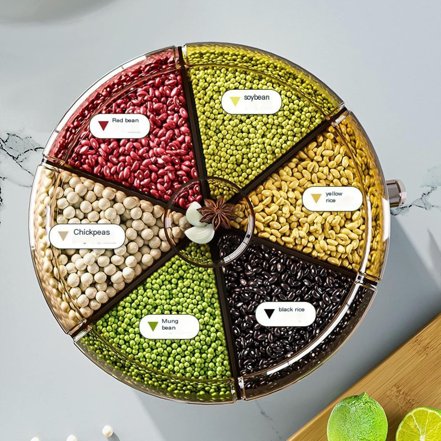 360° Rotating Grain Storage Container 6 Compartment Rice Dispenser