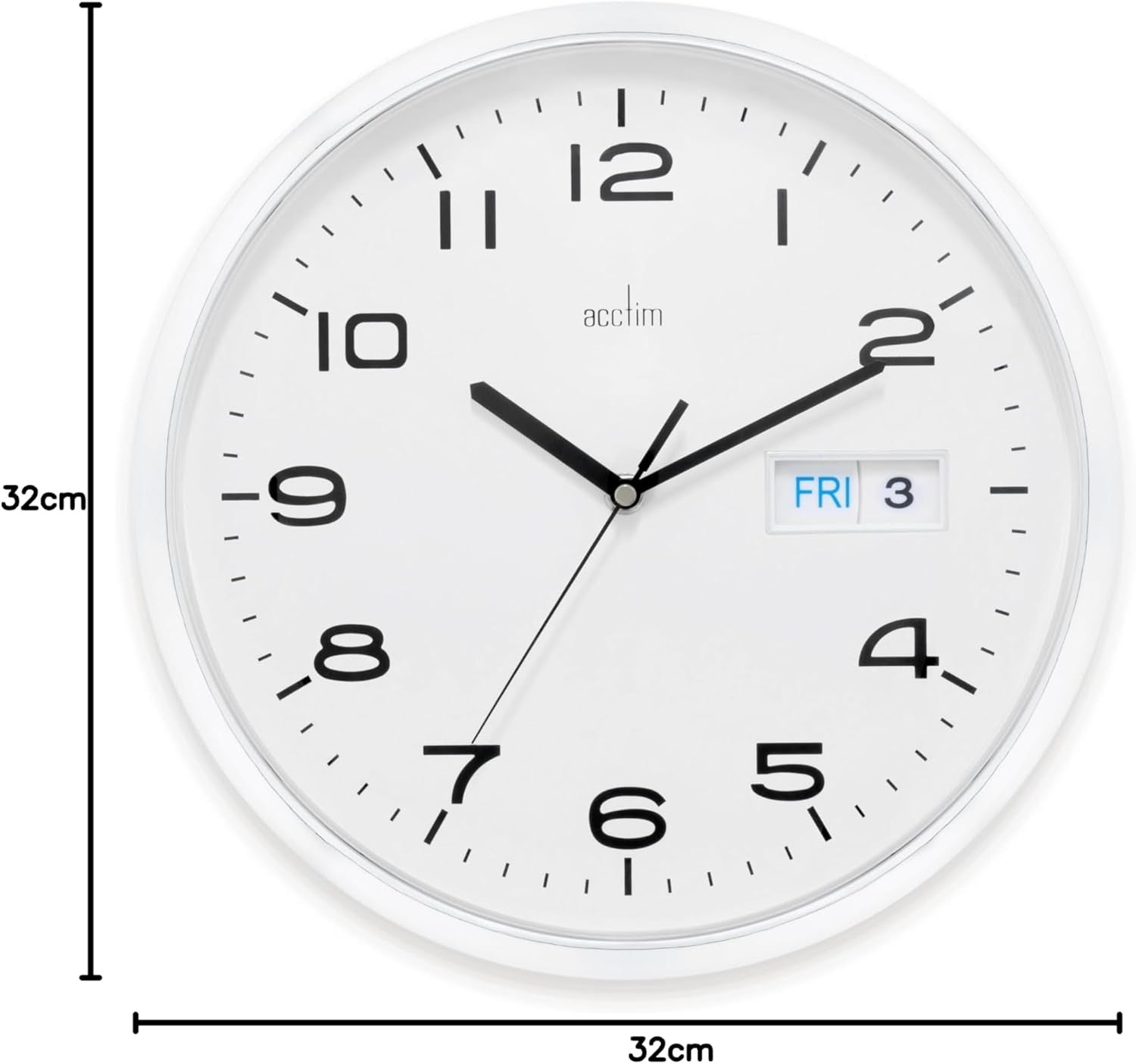32cm Large Wall Clock Chrome White | Quiet Quartz Date Display Home Office