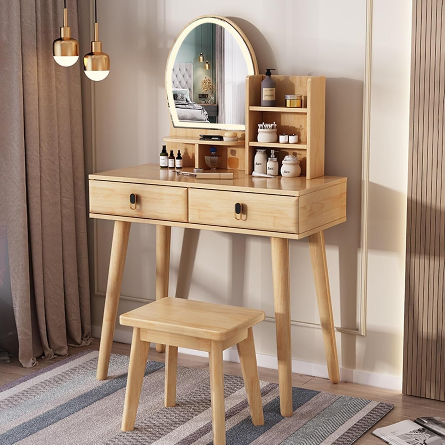 Modern Wood Vanity Makeup Table Dresser Desk with Stool Mirror 2 Drawers