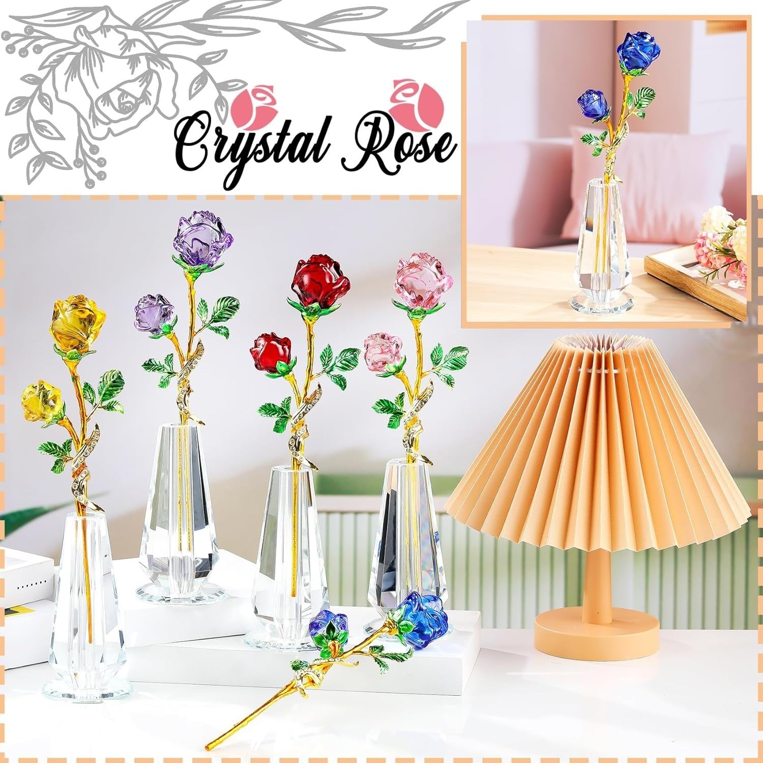 Blue Crystal Rose Flower Figurine with Vase – Luxury Glass Ornament Gift Decor