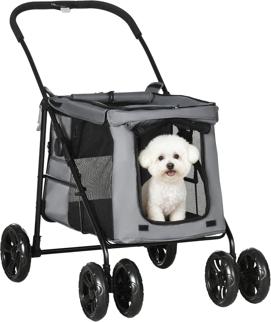 Dog Stroller Pushchair 4 Wheel Pet Pram Rolling Door Cushion Leashes