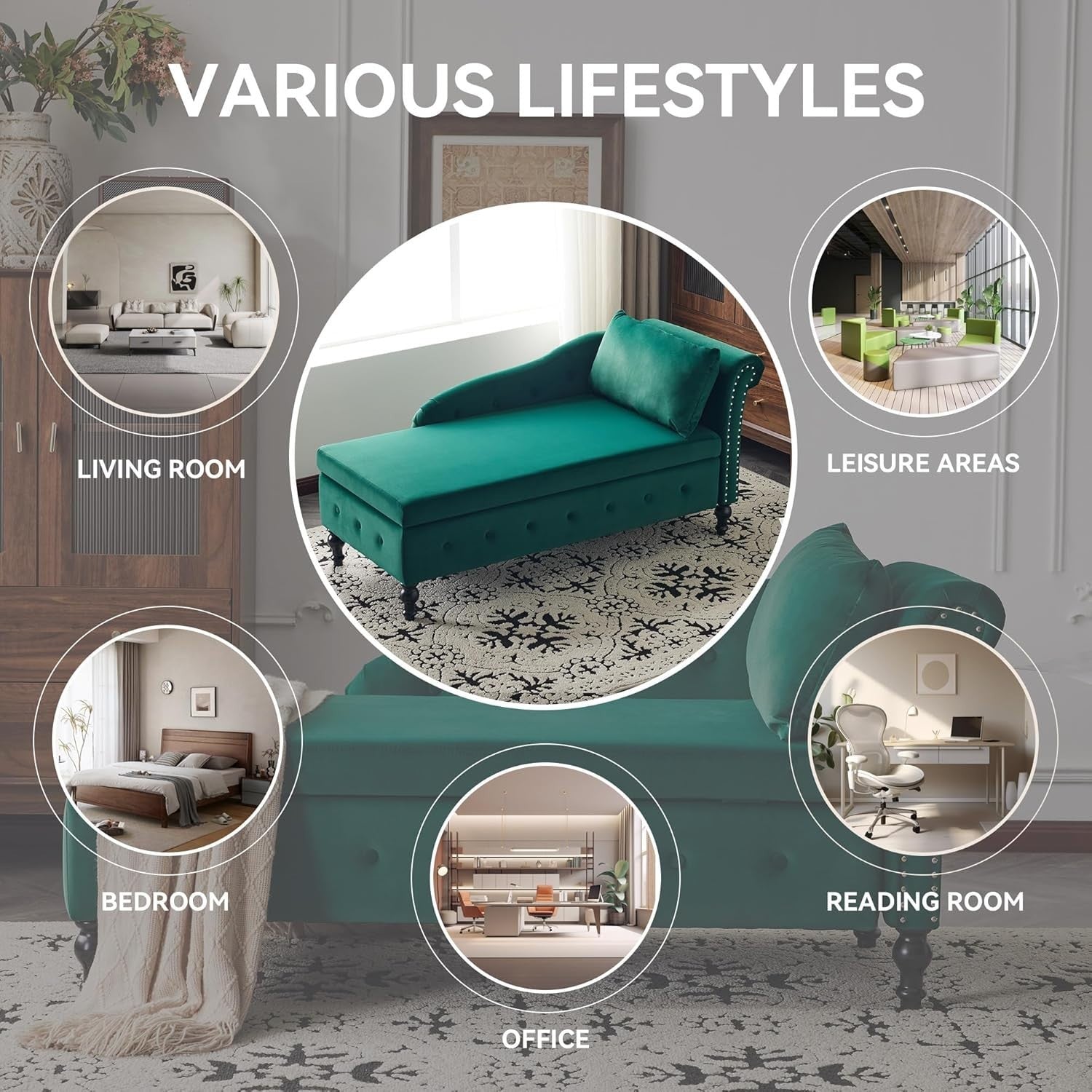 Velvet Chaise Lounge Sofa w/Storage & Pillow Right Armrest Green Tufted