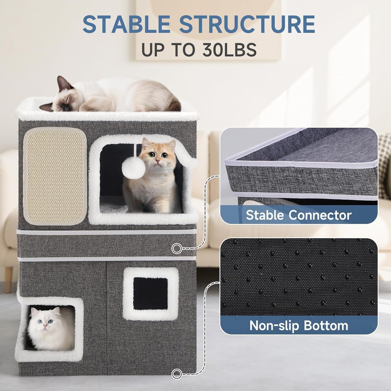 3 Layer Cat House Foldable Cat Cube Cave Condo w Scratch Pads Grey