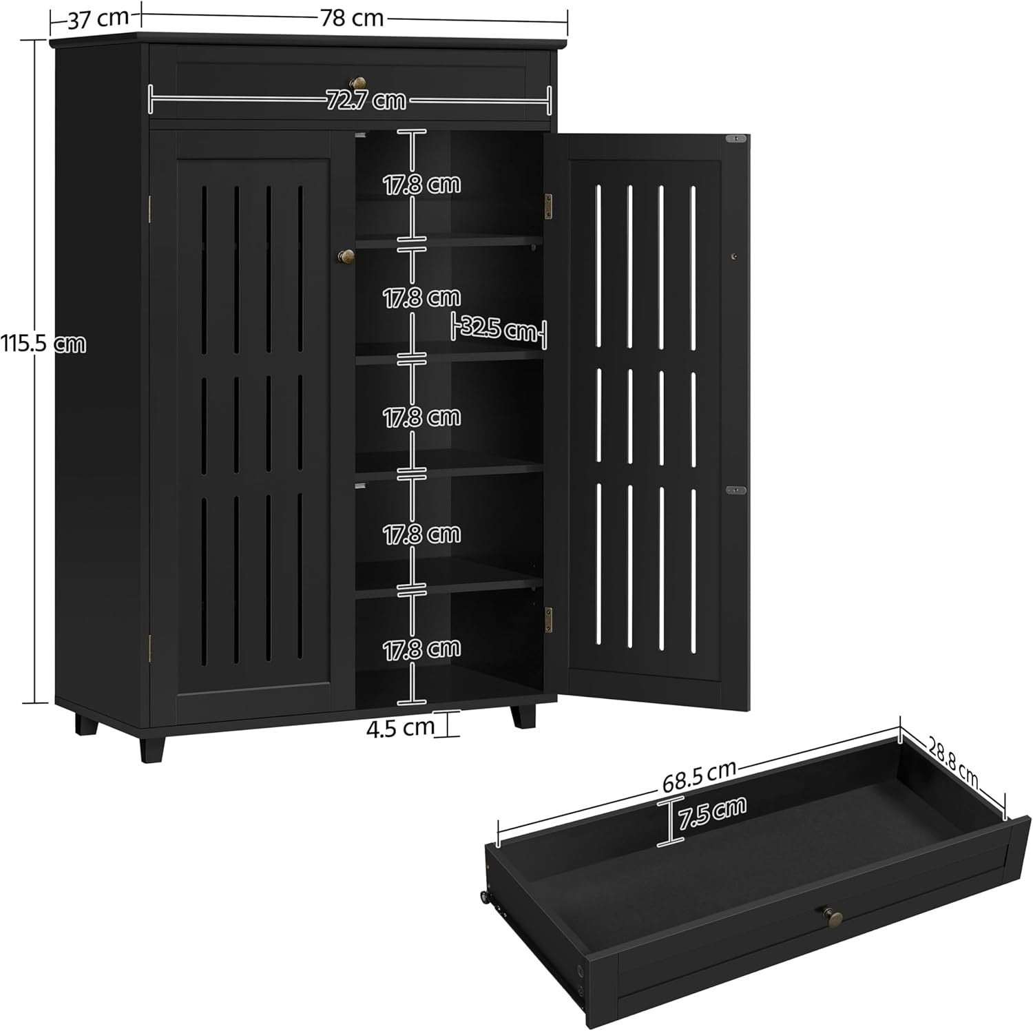 5-Tier Black Shoe Cabinet with Drawer – Modern Storage Unit, Adjustable Shelves