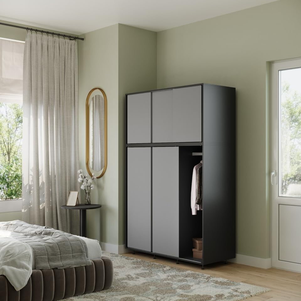 6-Door Grey Sliding Wardrobe with Adjustable Feet & Spacious Bedroom Storage