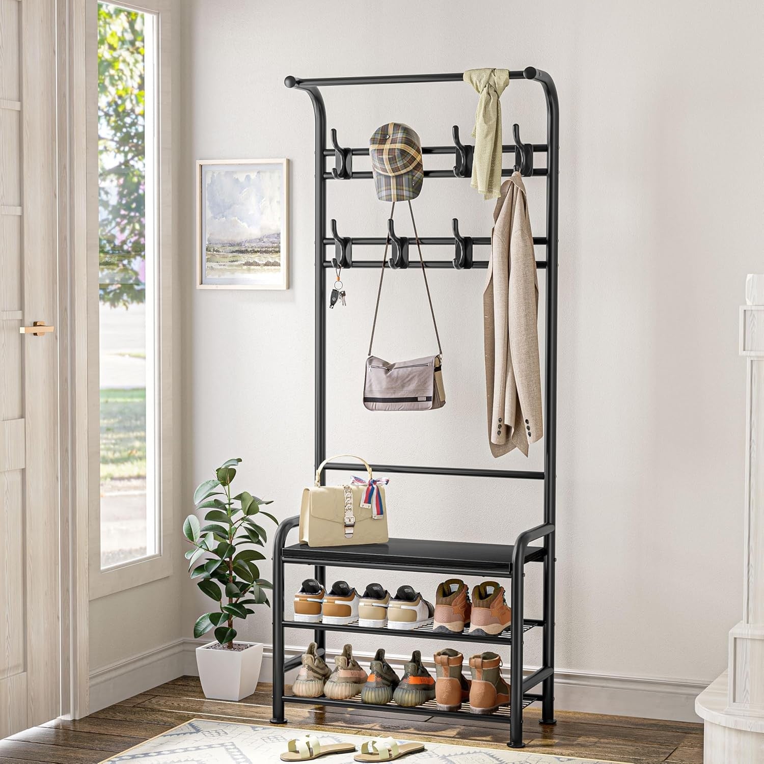 Coat Rack with Shoe Bench 4-in-1 Hall Tree 182cm Black Metal Frame Storage