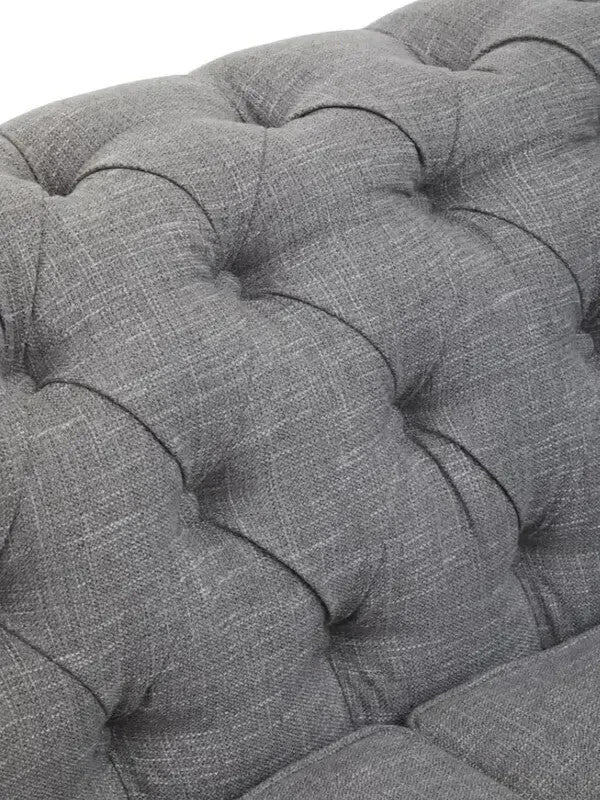 Grey Linen 3 Seater Chesterfield Sofa w/ Scroll Arms & Wooden Legs